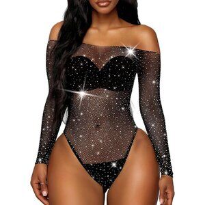 Women Black Lingerie Fishnet Teddy Sparkle Rhinestone One Piece Mesh Bodysuit